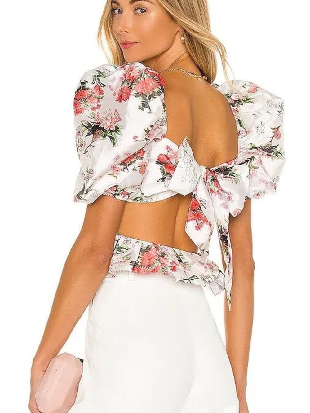 HEMANT & NANDITA Ivory Floral Puff-Sleeve Corset Top